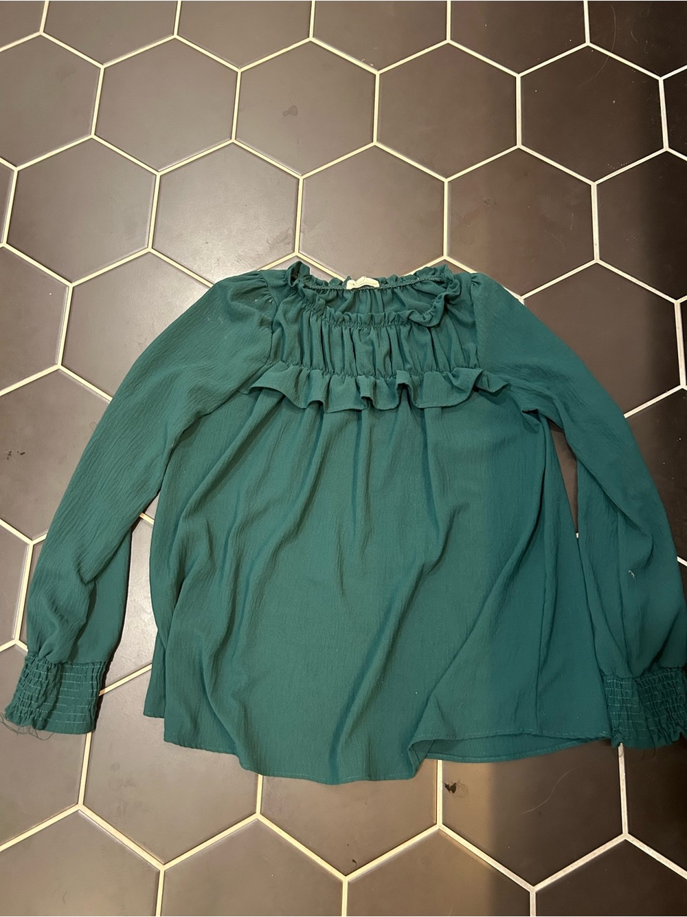 Ruffled Smocked Yoke Blouse — Teal Green
